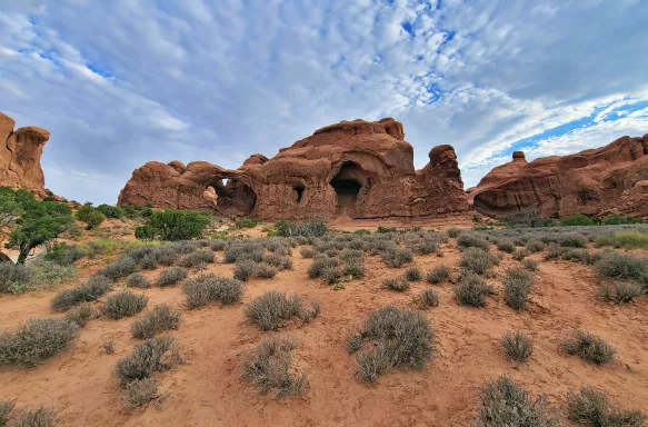 Natural stone double arch formation in the Windows area of Arches National Park.