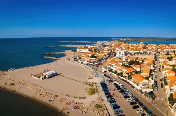 Aerial view of Saintes-Maries-de-la-Mer and beach in France