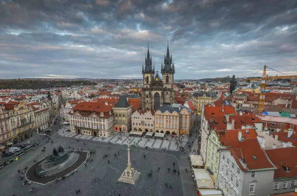 High angle view of historic old town square and gothic style, Church of Our Lady before Týn, Czech republic, Prague.