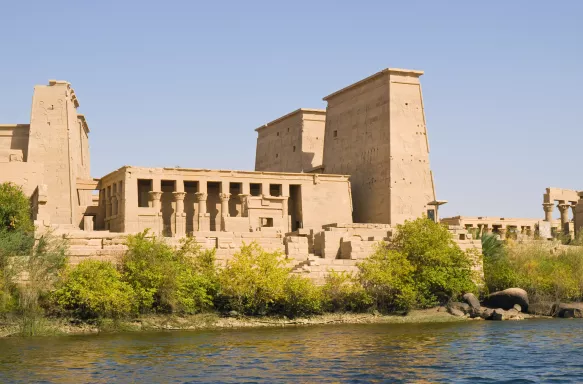 View of the Temple of Isis on Philae Island from boat