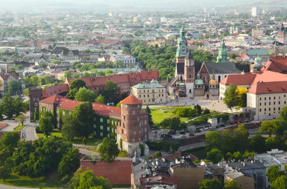 Aerial view of Wawel Castle and cathedral in Krakow, Poland