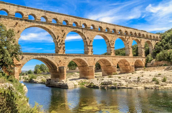 Daytime at the Pont du Gard Roman Aqueduct in Provence, France