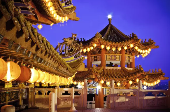 Thean Hou Temple in Kuala Lumpur, Malaysia over a dusk sky.