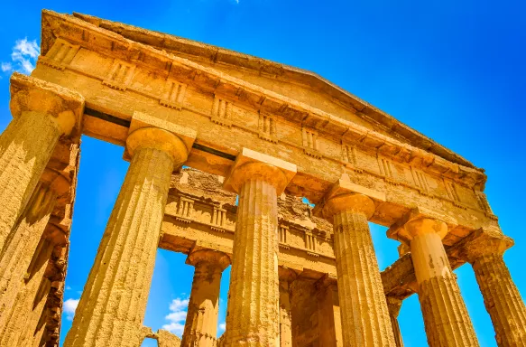 Ruins of ancient temple front pillars in Agrigento, Sicily, Italy