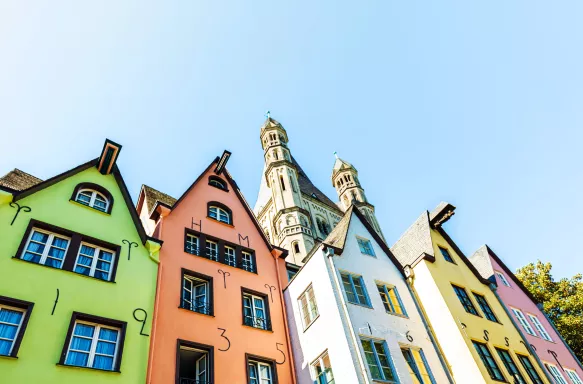 Colourful, narrow buildings in Old Town, Cologne, Germany.