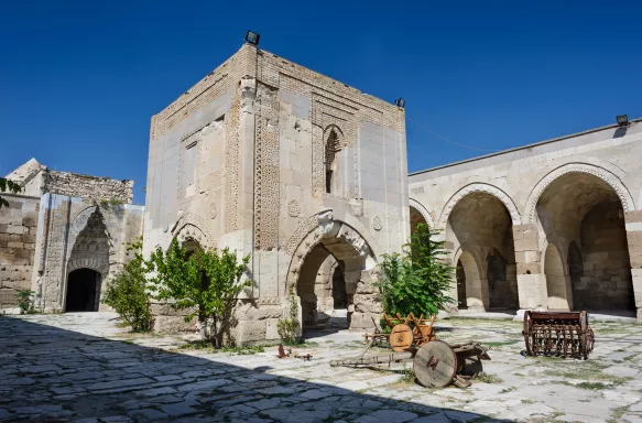 Inner yard of Sultanhani caravansary on Silk Road in Aksaray, Turkey