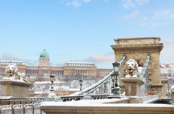 Chain Bridge and Royal Palace on a Winter day in Budapest, Hungary