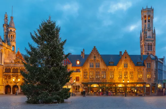 Scenic cityscape of Burg Square during Christmas celebrations in Bruges, Belgium