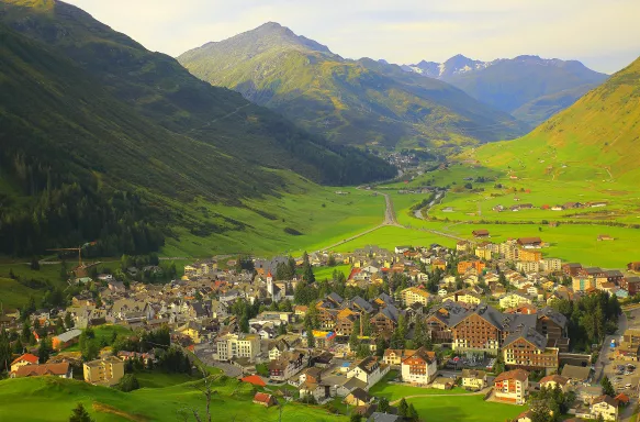 Aerial of Andermatt Alpine village in Switzerland