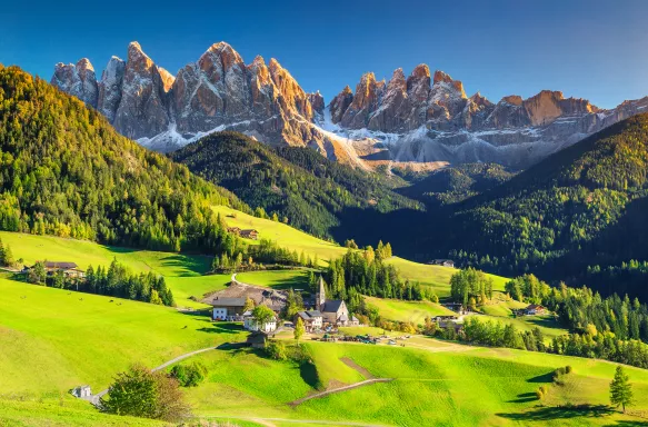 Spring landscape of Santa Maddalena village and Dolomites mountains, Italy