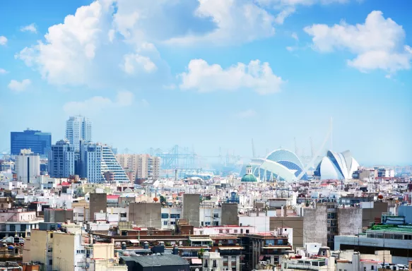 Aerial view city of Valencia, Spain. Bright day with cloudy skies.