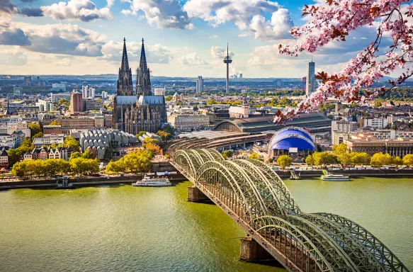 Aerial view of Cologne at spring with the Rhine River and bridge in Germany