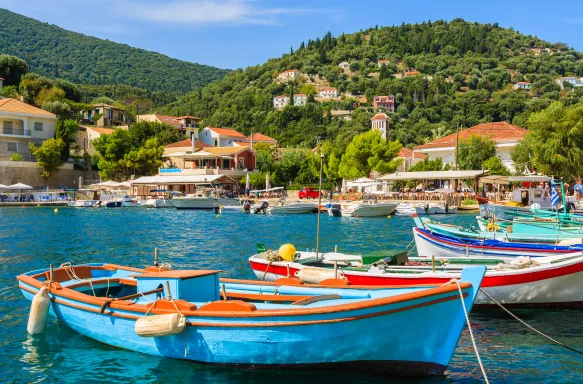 Colourful Greek fishing boats in port of Kioni on Ithaca island, Greece