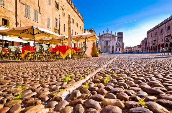 Mantova City with view of café in Italy