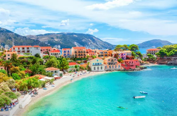 Assos village on Kefalonia Island and beautiful blue bay in Greece