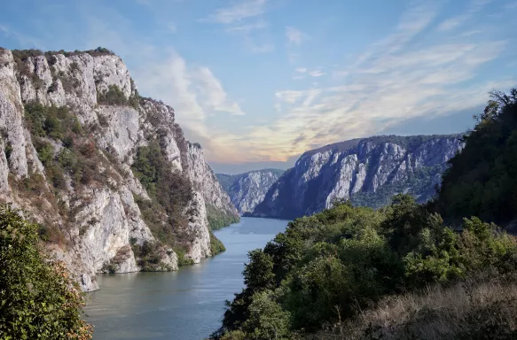 River ravine in Djerdap National Park with views of distant cliffsides