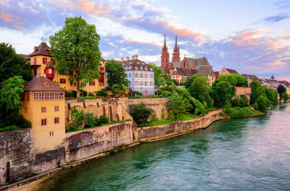 The Old Town of Basel with red stone Munster cathedral and the Rhine river, Switzerland