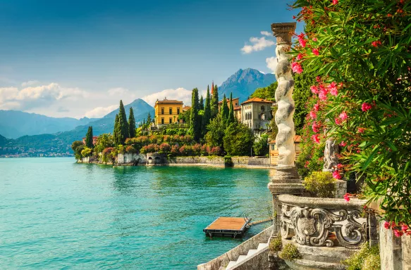 Botanical gardens of Villa Monastero with Oleander flowers at Lake Como, Italy