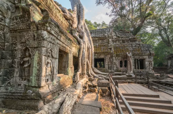 The ancient temple of Ta Prohm at Angkor Wat, Cambodia. Intertwining jungle trees roots and masonry ancient structures. 