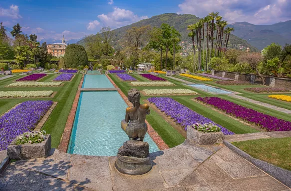 The botanical garden of Villa Taranto with colourful flower beds in Pallanza, Verbania, Italy.