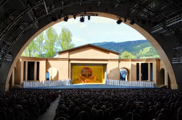 The Passion Play theatre in Oberammergau, Germany. Full audience facing towards the stage.