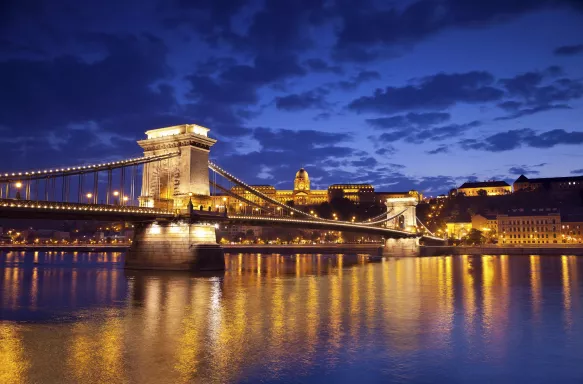 View of Budapest and chain bridge over the Danube river during twilight blue hour in Hungary