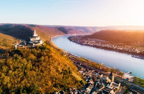 Aerial view of Braubach with the Marksburg castle and the river Rhine in Germany