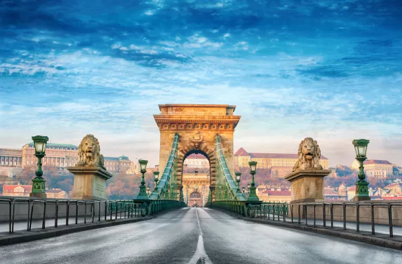 Chain bridge with lion statues in Budapest, Hungary