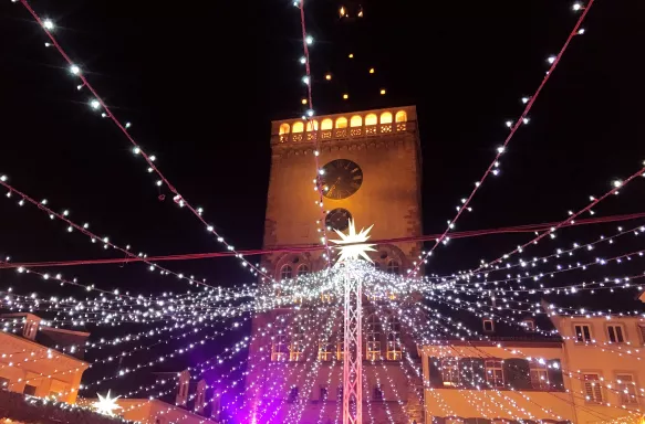 Christmas market lights in front of Speyer Cathedral at night, Germany