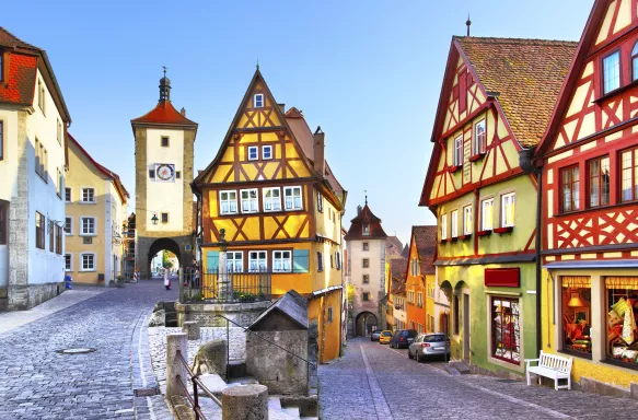 Colourful houses in Rothenburg ob der Tauber street in Bavaria, Germany