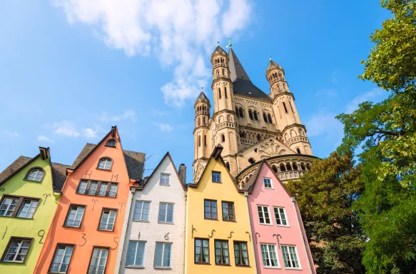 Colourful houses and cathedral in Cologne, Germany