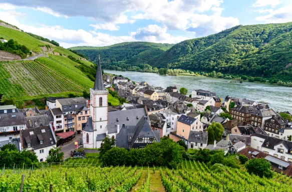 Church, houses and vineyards with the Rhein river in Assmanshausen, Germany