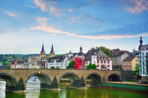 Baldwin Bridge stone arch bridge over the Moselle River in Koblenz, Germany