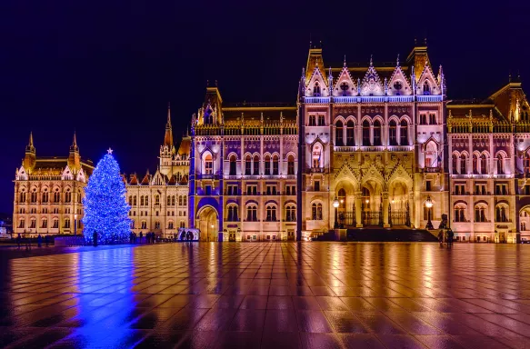 Parliament building and Christmas tree at night in Budapest, Hungary