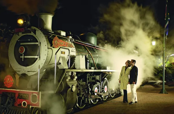 A mature couple looking at an old steam train at night