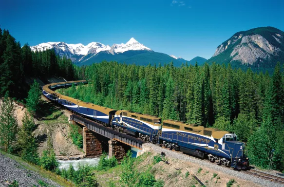 A landscape shot of the Rocky Mountaineer train