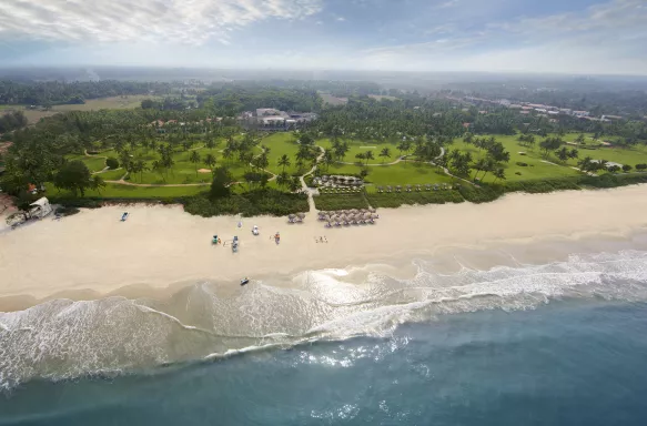 Aerial of Taj Exotica Resort & Spa and Cavelossim beach coastline in Goa, India