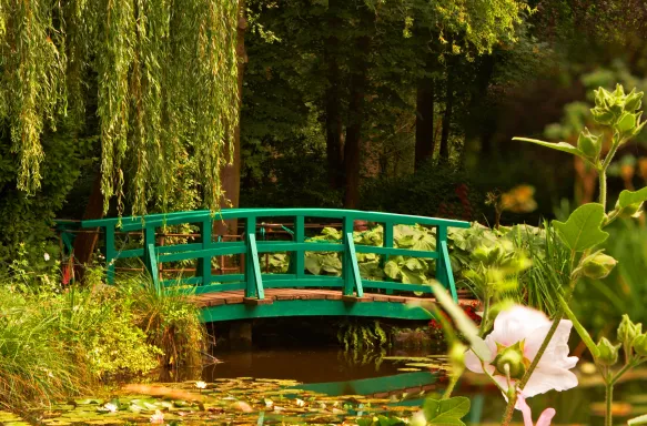 Japanese themed bridge and lily flowers at Claude Monet's Water Garden in Giverny, France