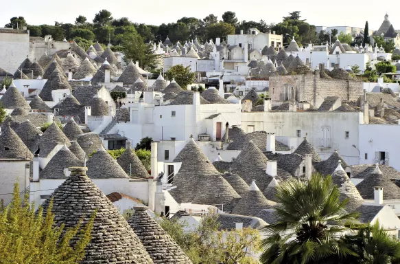 View over the cone-roofed Trulli huts in Alberobello, Italy