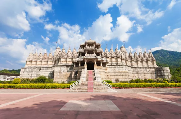 Exterior front view of the Ranakpur Temple in Rajasthan, India