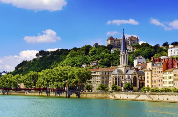 View of St. George's Church and the river Rhône in Lyon, France