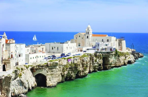 Old Town Of Vieste with Hotel Rocca Sul Mare along a branch of coastline, Italy