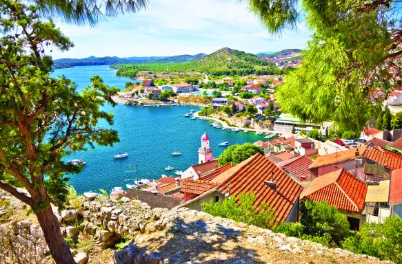 View of Sibenik city with coast and harbour in Dalmatia, Croatia