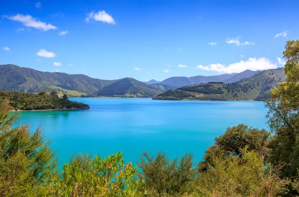 Queens Charlotte Sound mountains and blue sea