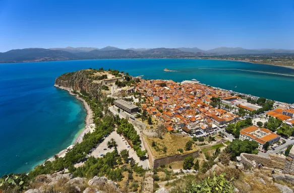 Aerial view of Nafplio city from Palamidi castle in Nafplio, Greece