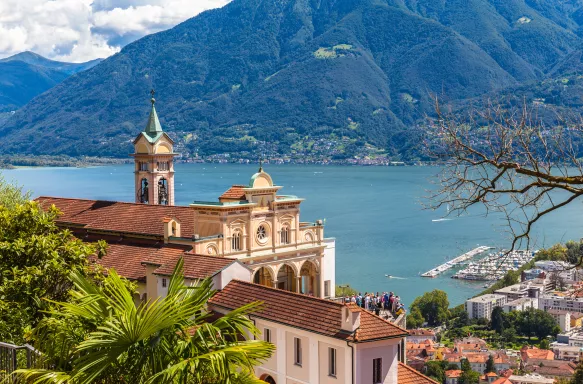 Madonna del Sasso in Switzerland, a site of pilgrimage, with a background of Lake Orta.