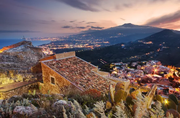 Aerial view of Etna volcano from Taormina, Sicily