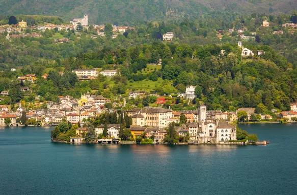 Island San Giulio in the middle of Orta Lake, Italy.