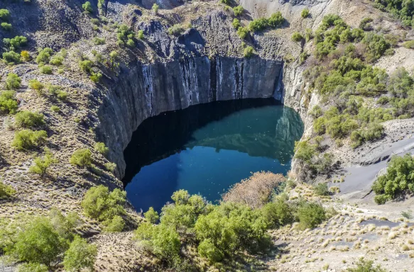 Aerial view of the big hole at the Kimberley mine in South Africa