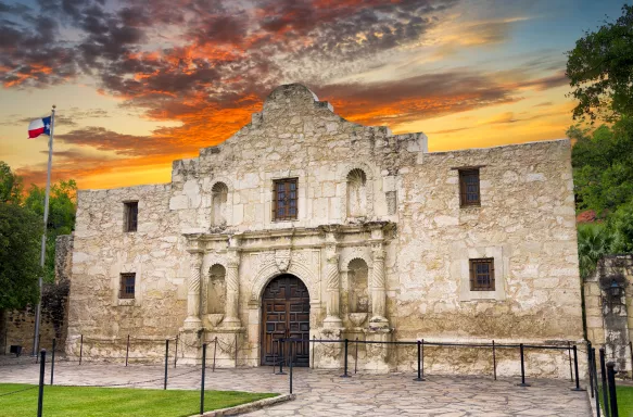 Exterior view of the historic Alamo shortly after sunrise